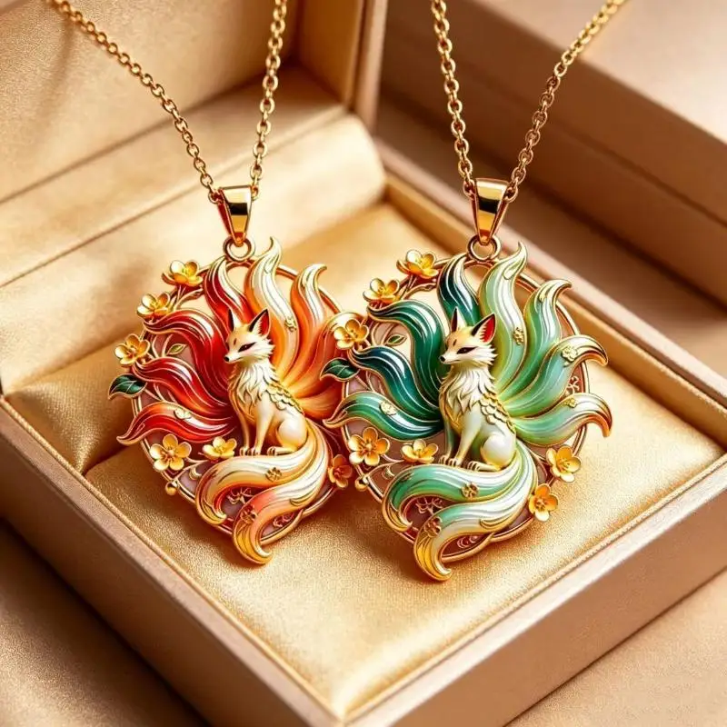 Chinese Style Nine-tailed Fox Enamel Pendant Necklace Creative Mythology Design Fashion Jewelry For Women Thanksgiving Gift