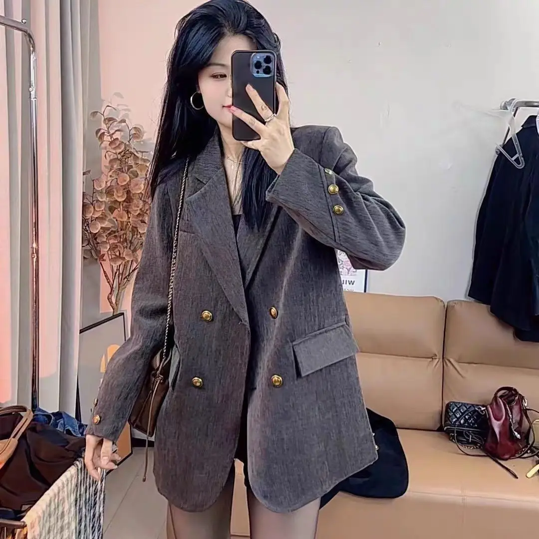 

Жакет из синели 2026 Весна-Осень, Новинка, Высококачественный Блейзер, Корейский Свободный Пиджак, Модная Двубортная Верхняя Одежда для Женщин
