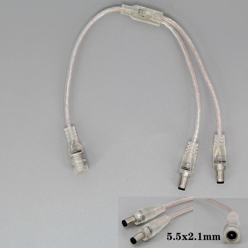 Transparent 12V DC Power Supply 1 Female to 2 way male 5.5mm Splitter Plug extend extension Cable connector for strip neon light