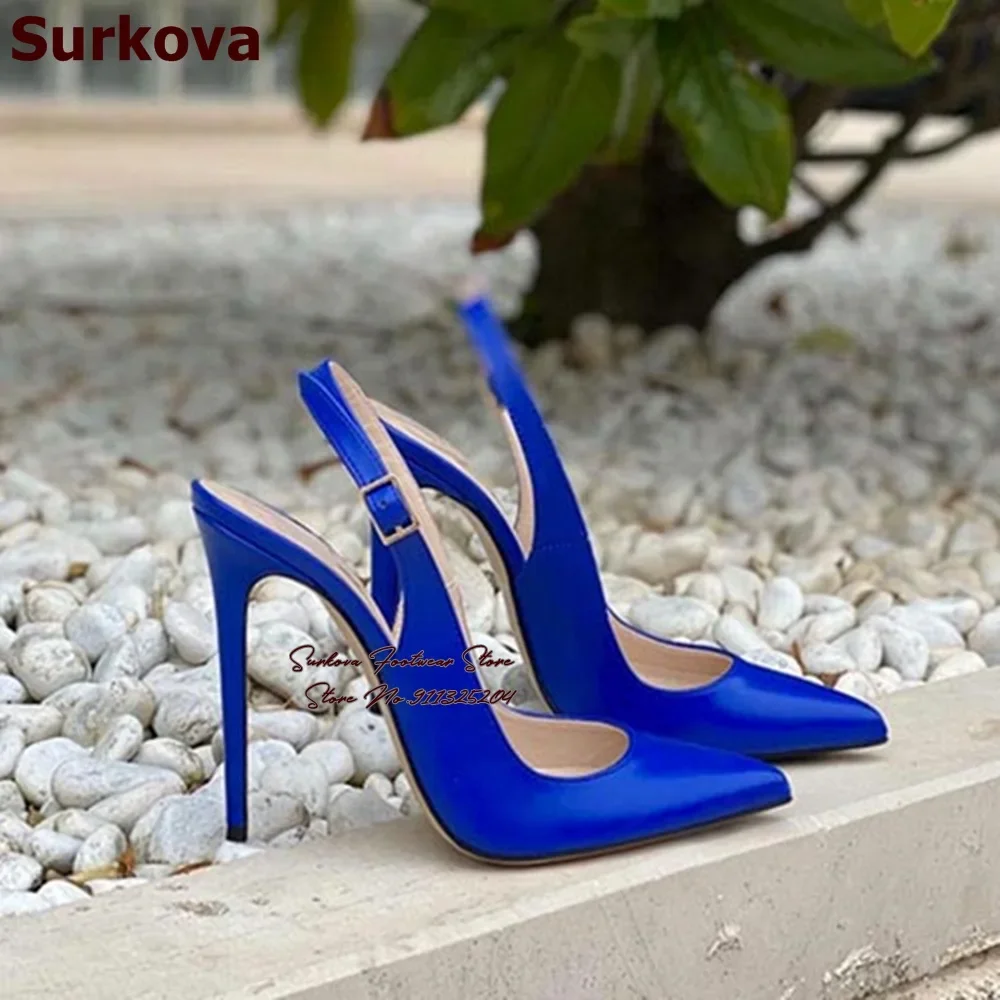 Surkova Turquoise Matte Leather Slingback High Heel Shoes Pointed Toe Shallow Cut Dress Pumps Buckle Strap 12cm 10cm 8cm Heels