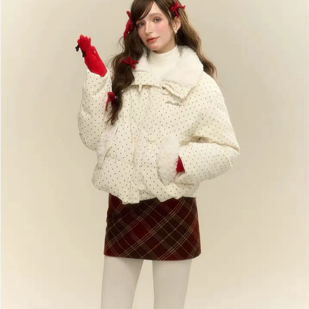 Korean Sweet Women Cotton Clothes Polka Dot Parka Sweet Lapel Cotton Jacket Thicken Tops Sweet Girl Winter Cotton Jacket Coat - view 6