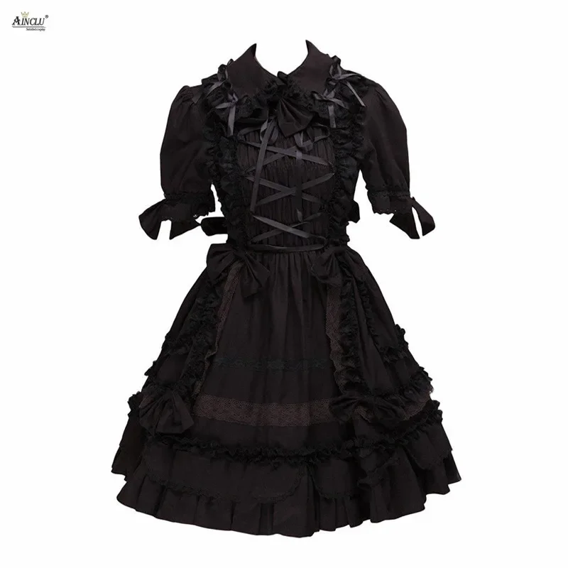 Vestido gótico de Lolita para mujer, disfraces de algodón de manga corta, línea A, XS-XXL, longitud hasta la rodilla, color negro oscuro