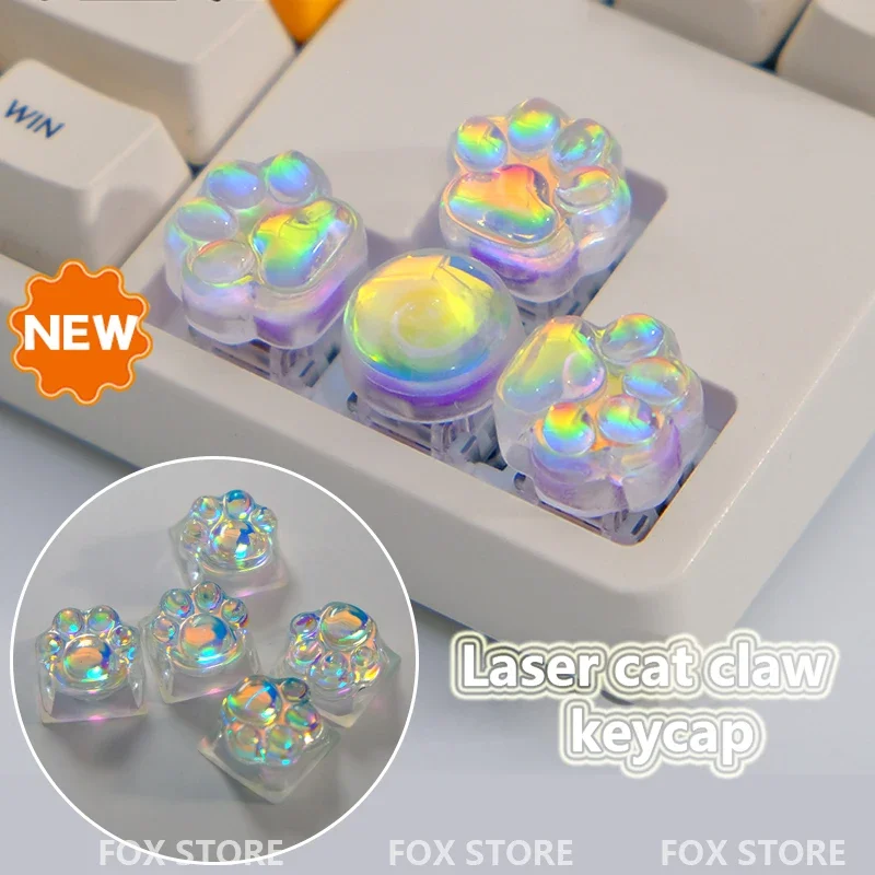 High transparency laser cat claw keycap creative cross axis mechanical keyboard transparent blue purple gradually glowing keycap