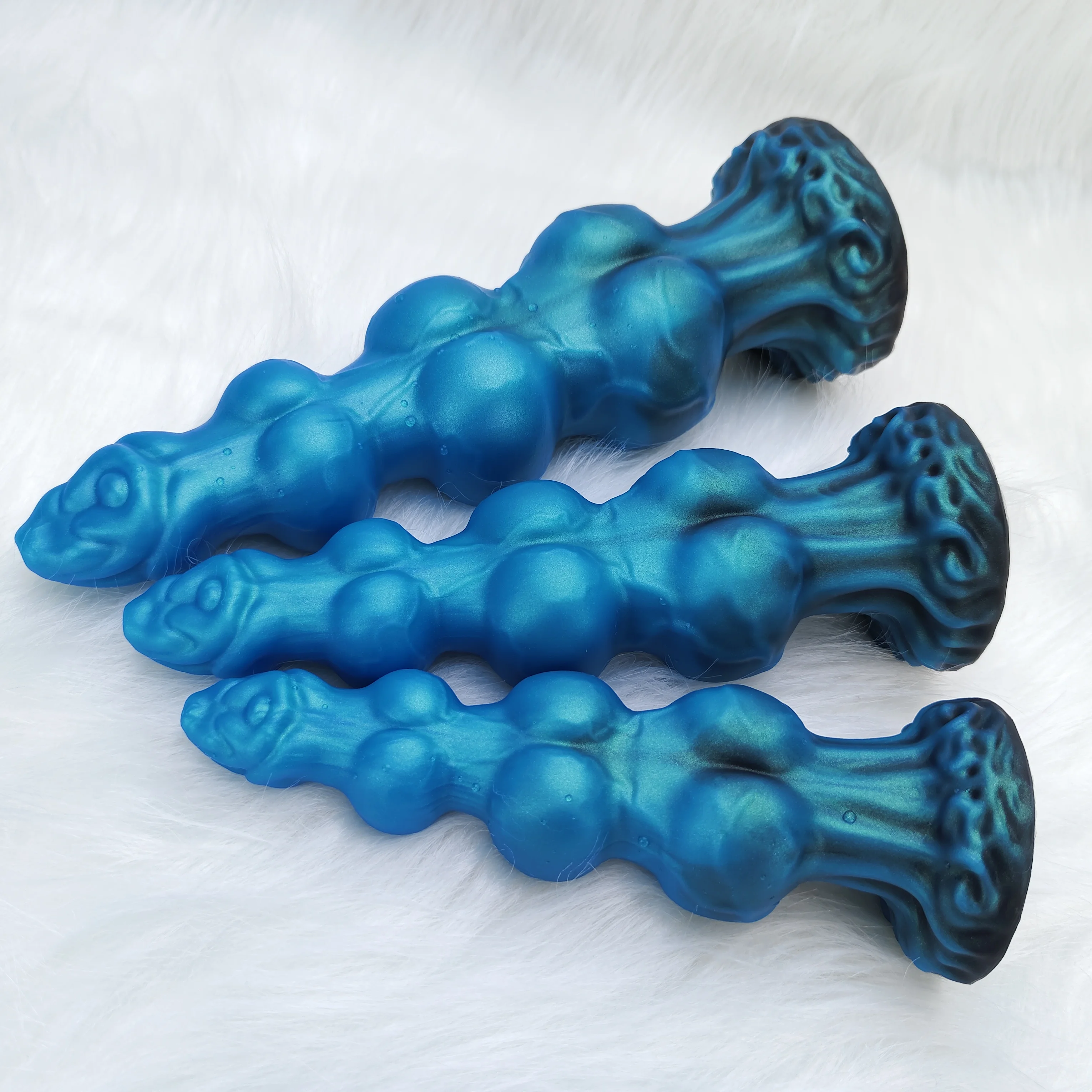 1 Piece Blue Black Gourd Egg Monster Fantasy Dildo - 3 Dog Knots, Wide Cylindrical Anal G-Spot, Large Sucker, Liquid Silicone, A view 6