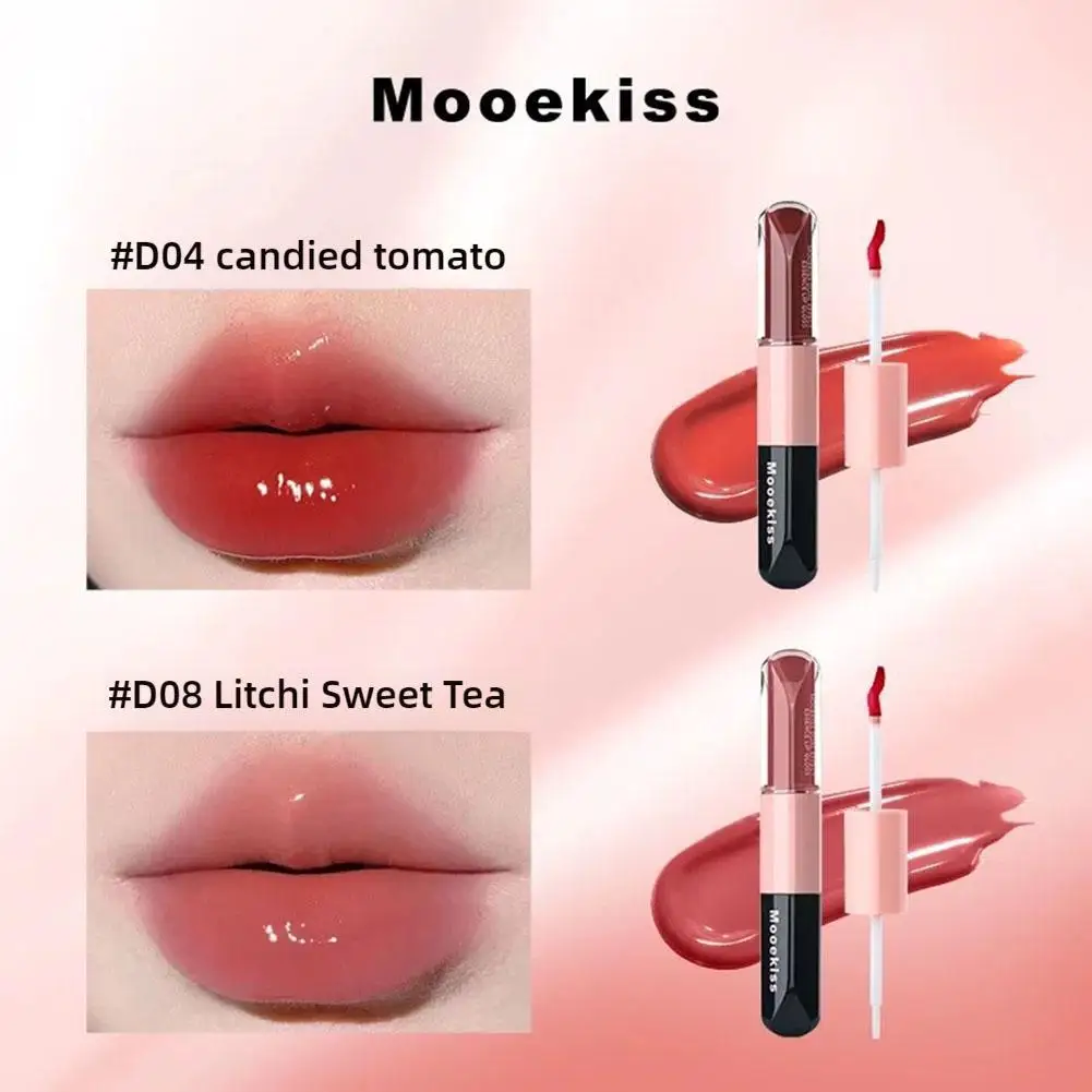 Mooekiss Doppelköpfiger Lipgloss-Spiegel, feuchtigkeitsspendender, langanhaltender Bürstenkopf, Antihaft-Becher, filmformender Lippenglasur-Lippenstift, 3,2 g