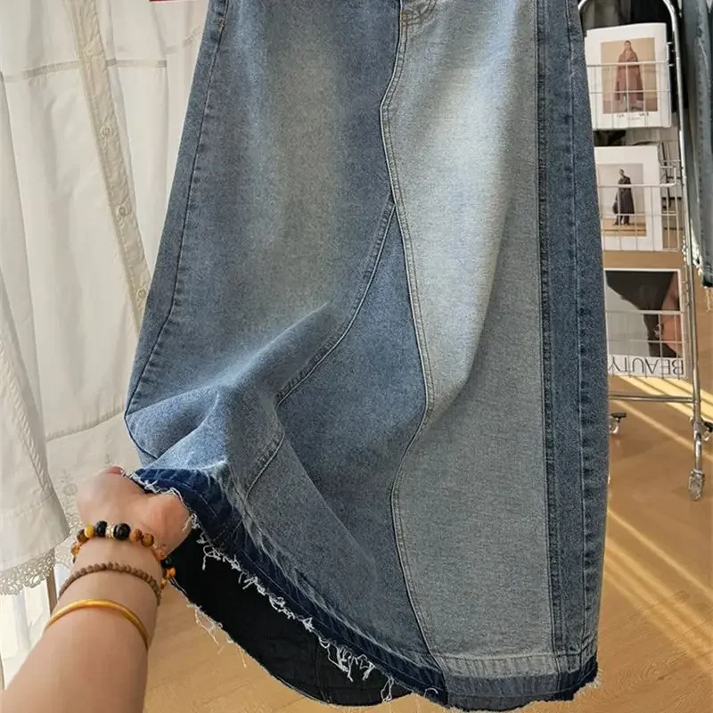 ใหม่ Retro Patchwork DENIM กระโปรงผู้หญิงแฟชั่นเอวสูง Casual กระโปรง High Street A-Line ปุ่มยาว Jupe