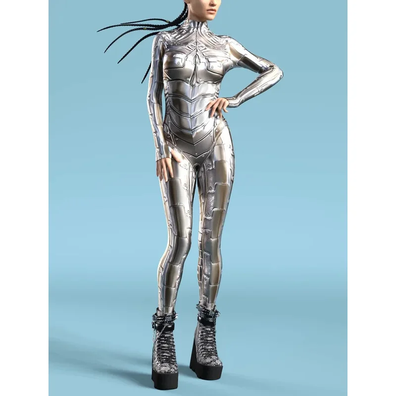 Macacão CyberPunk mecânico para mulheres, Sexy Catsuit, Bodysuit com zíper, Traje de Halloween, Cosplay feminino, Zentai Outfit, Game Party