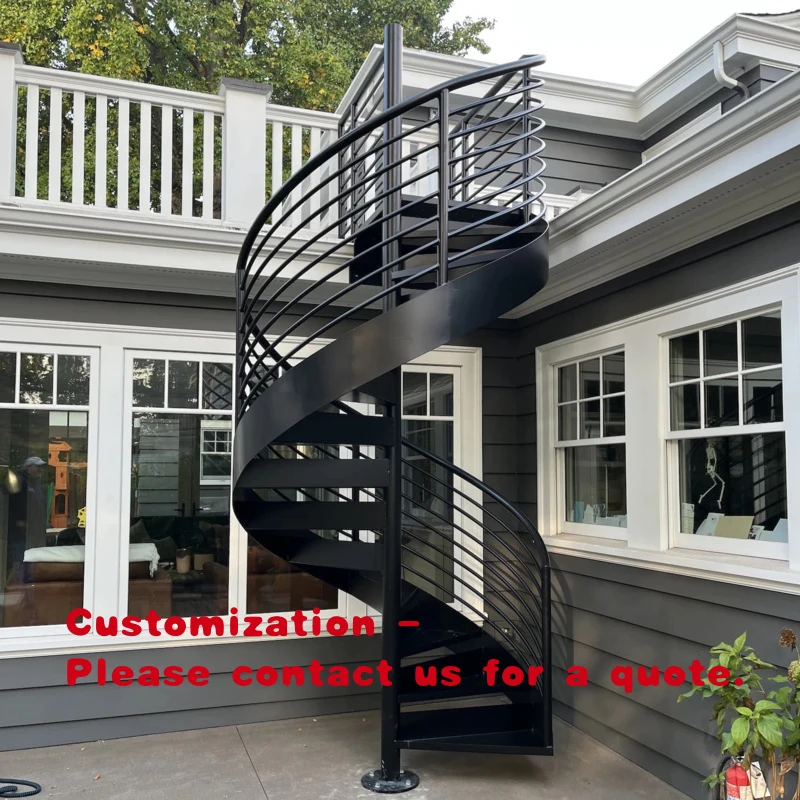 

Наружная лестница из углеродистой стали на заказ, современные металлические ступени с противоскользящим покрытием и перилами из стальных прутков.