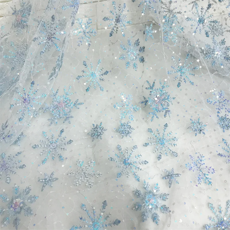 1 Yard Blue embroidery Snowflake Sequined Mesh lace fabric For Cosplay, Prom, Evening Dress, Wedding Birthday Prom