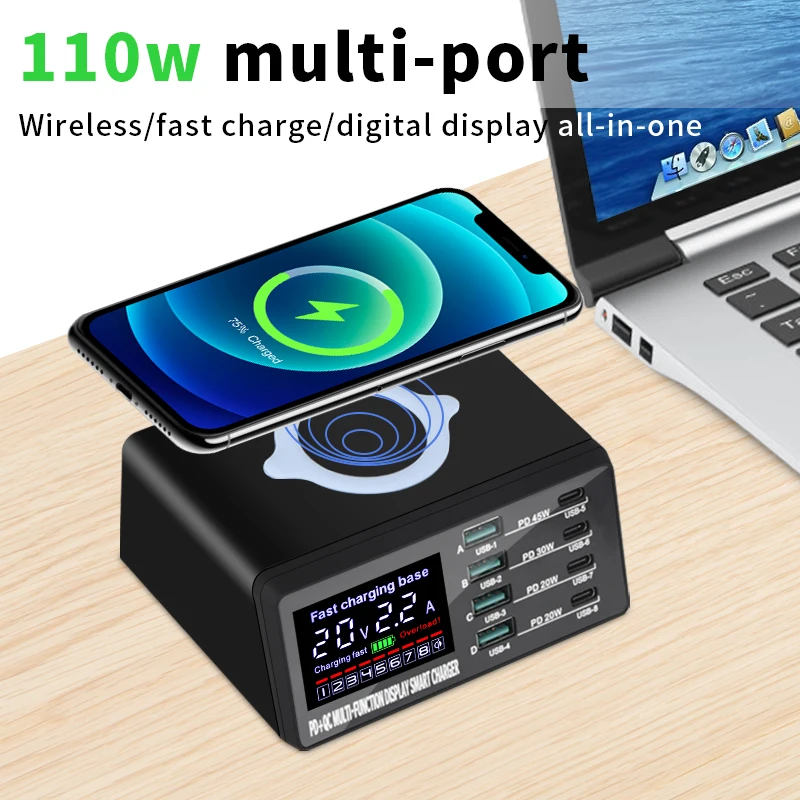 Multifunktionales 8-Port PD 45W QC3.0 Schnellladegerät Neue kabellose Ladestation für iPad und Mobiltelefon Fast Desktop Hub