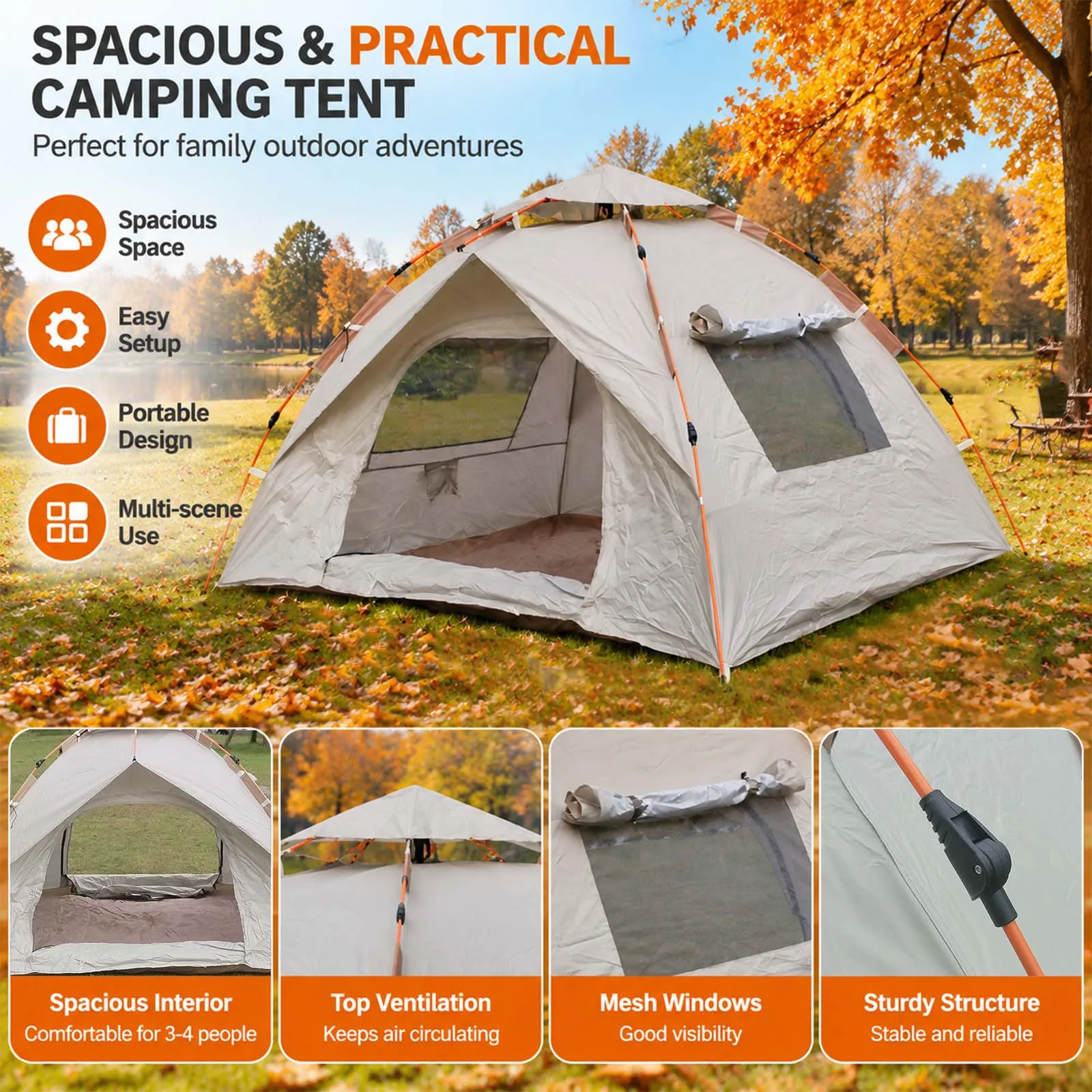 Pop Up Camping Tent Automatic Instant 2 Person Gray Dome Tent 2 Doors 2 Mesh Windows for Fall Forest Camping Cozy Outdoor