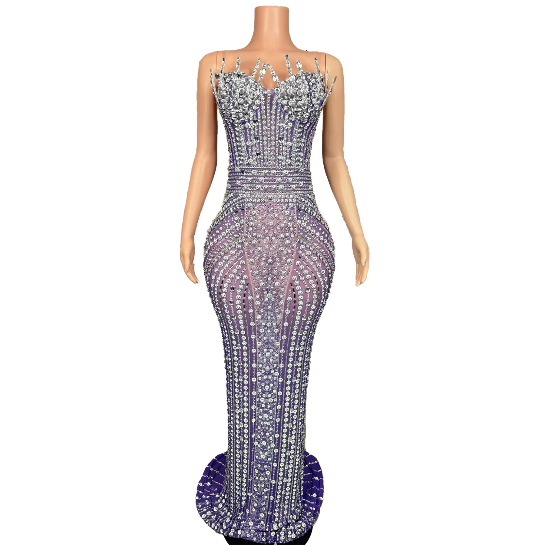 Bazhuayu Elegant Women High-end Evening Dress Rhinestone Purple See Through Mesh Strapless Dress  Banquet Birthday Party Dress