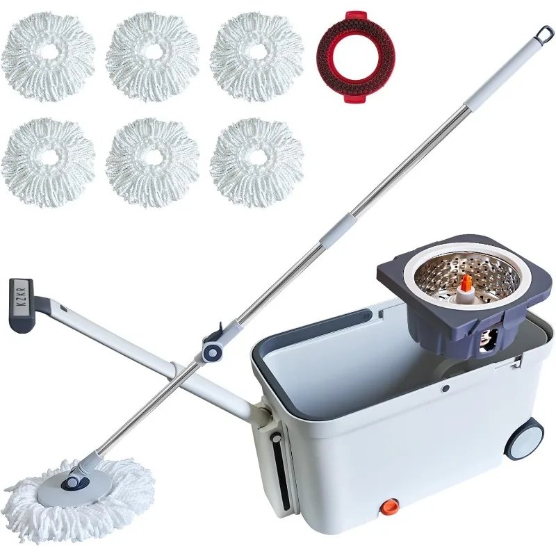 

Spin Mop and Bucket with Wringer Set on Wheels, 180° Spinning Mop Bucket System with 6 Washable Microfiber Replacement Mop Pad