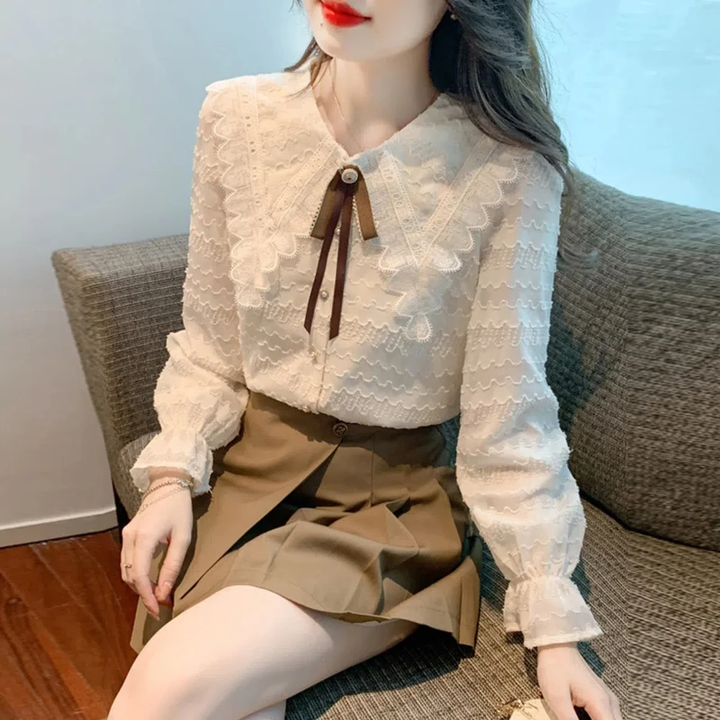 Korean Lace Patchwork Shirt Tops Spring Autumn New Long Sleeve Solid All-match Sweet Blouse Temperament Fashion Women Clothing