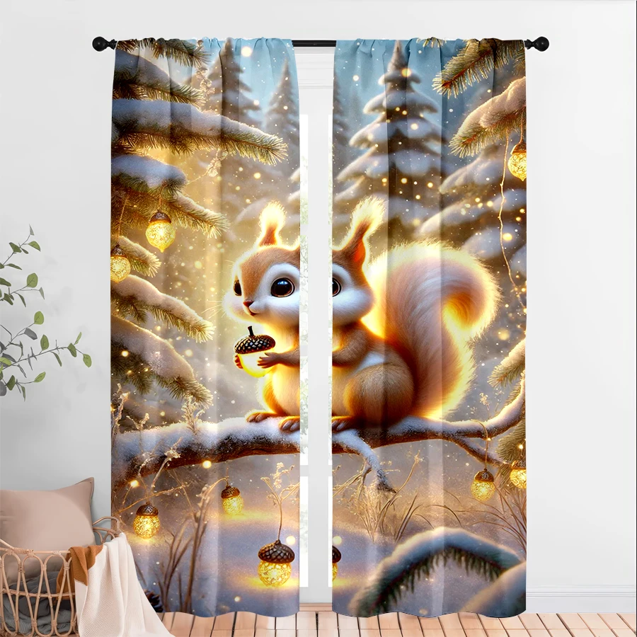 2PCS Christmas Winter Curtains, Squirrel Pinecone Snow, Digital Print, Bedroom Living Room, Rod Pocket Polyester, Home Decor