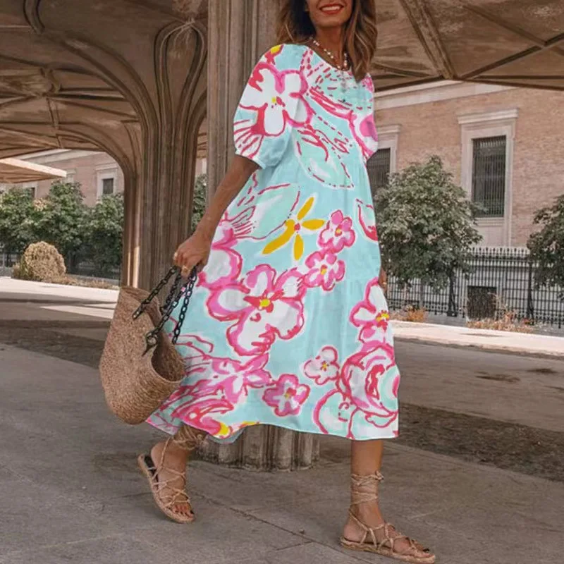 Summer O-neck Short Sleeve Print Midi Dress Women 2023 Loose Casual Boho Long Dresses For Women Robe Femme