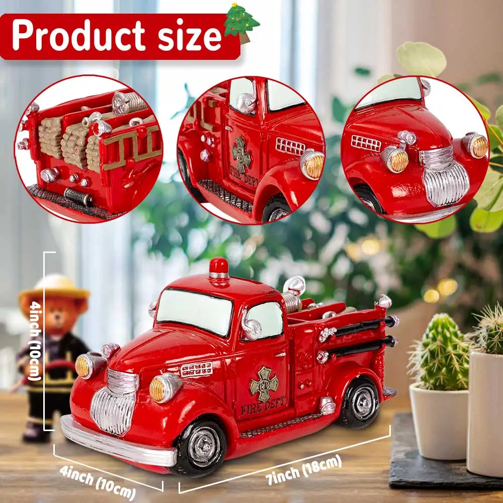 Vintage Fire Truck Piggy Bank Collective Decoration Miniature Vehicle Desktop Decor Firefighting Heroes Handcraft Firemen Gifts