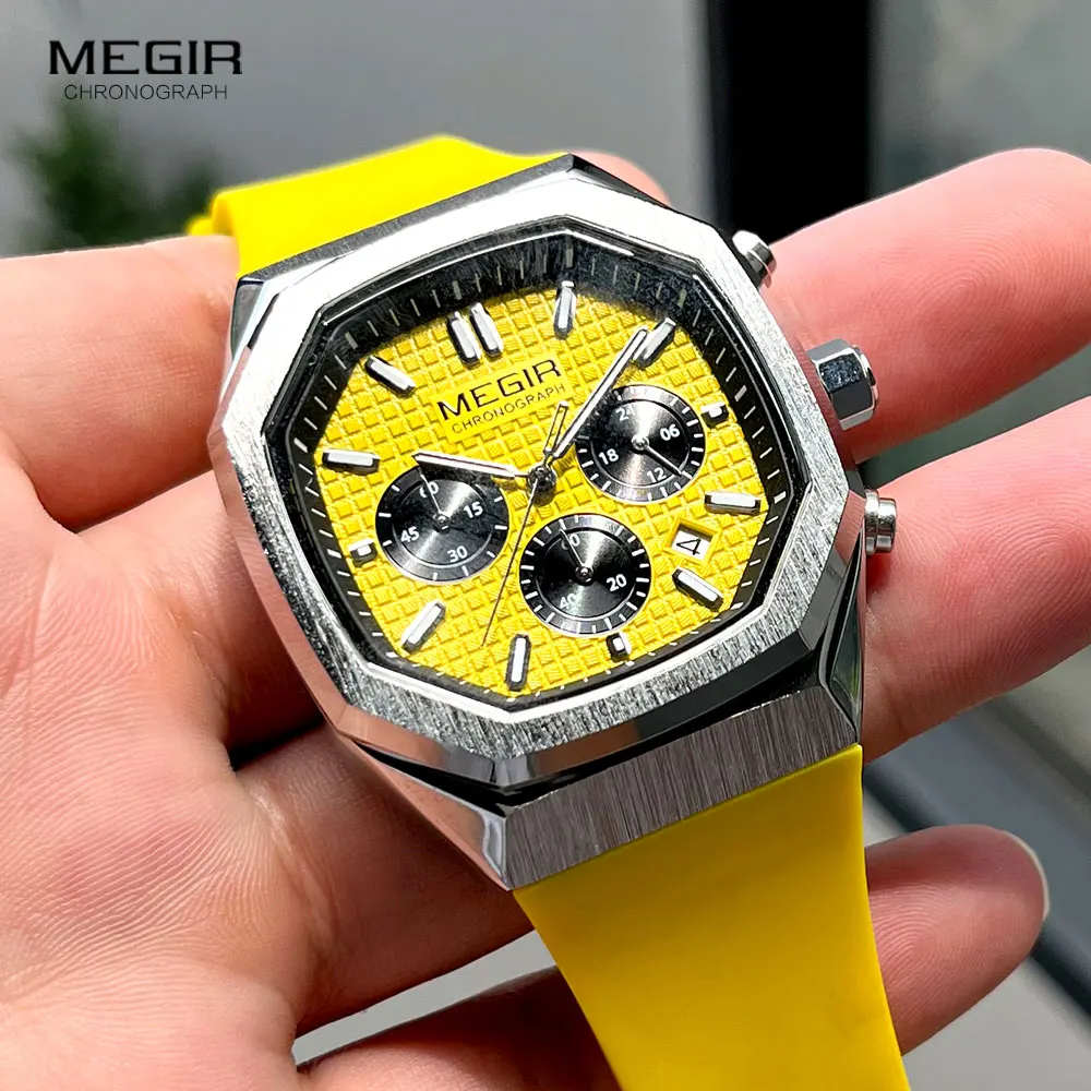 MEGIR Yellow Sport Watch Men Military Sport Chronograph Quartz Wristwatch with Date Octagon Dial Luminous Hands Silicone Strap