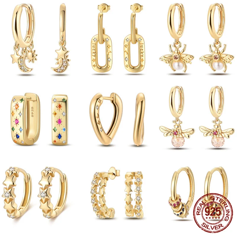 

100% 925 Sterling Silver Earrings Golden Earrings Pave CZ U Shape Orange Zircon Jewelry For Friend Sparkling Hoop Earrings