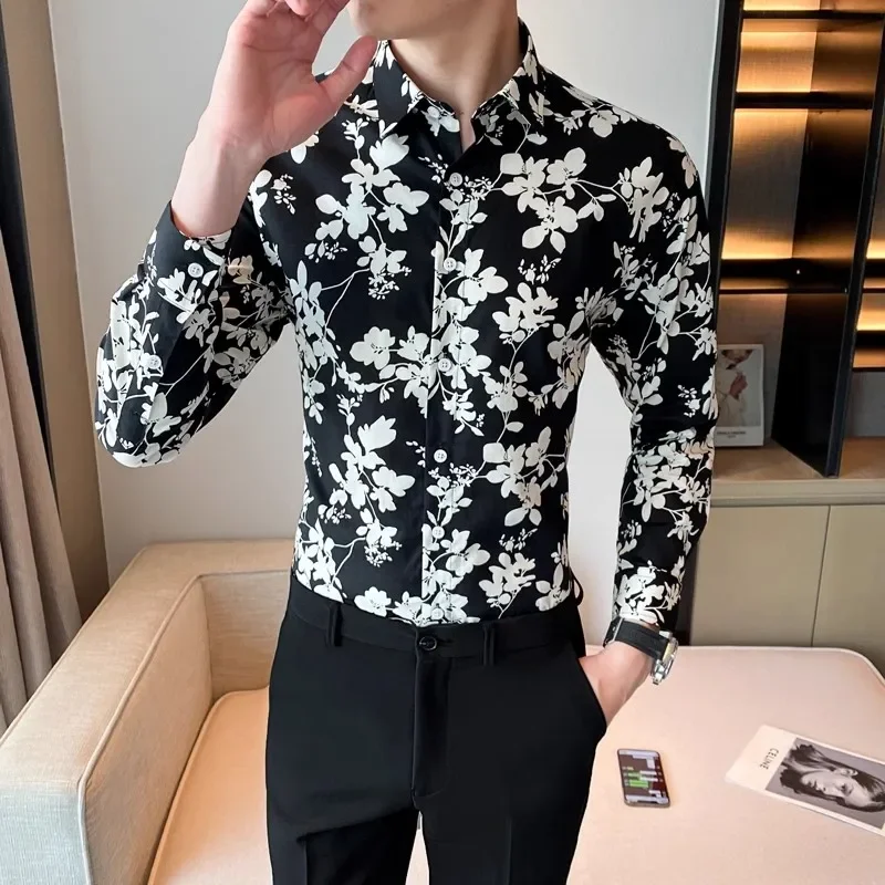 2024 Spring Men Slim Floral Print Long Sleeve Shirt Turn Down Collar Button Blouse Luxury Social Shirts Holiday Party Tops