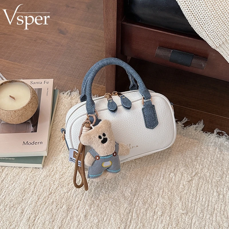 

Vsper Mini Boston Top-handle Bags For Women 2026 New Luxury Designer Handbags Contrast Color Shoulder Crossbody Bag With Pendant