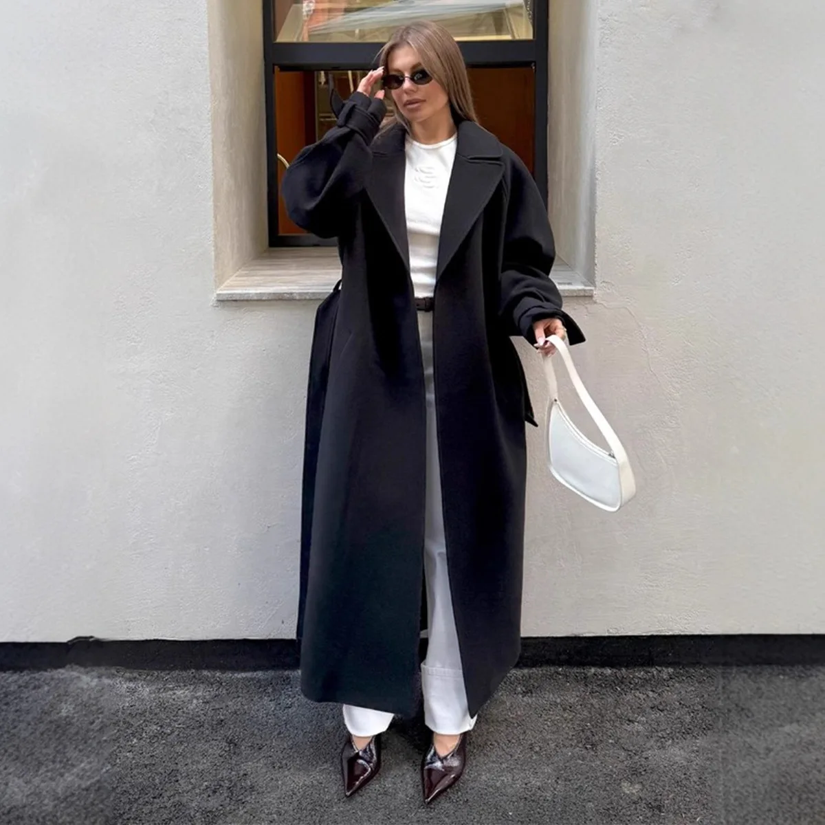 Women's Fashion New Autumn Winter Extra Long Belted Loose Wool Coat Elegant Woolen Outerwear Jackets
