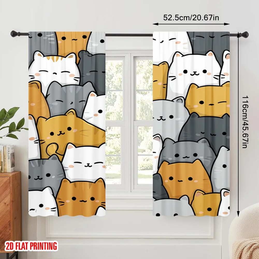 2pcs 2D flat printing Window Treatment Curtains Cute Cats Kawaii 100% Polyester Without Electricity 0 for Living Room Outdoor