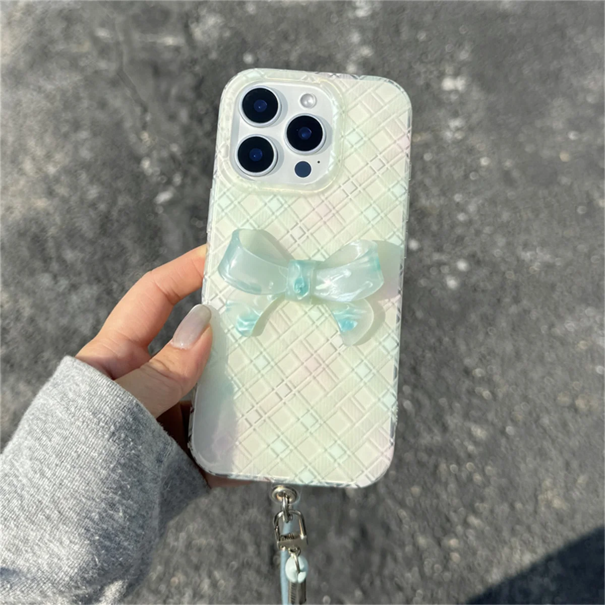 

Korean Plaid Pattern Cute Bow Phone Case For iPhone 16 Pro 15 14 13 Pro Max Cover with Hand Rope Shockproof Cases Funda