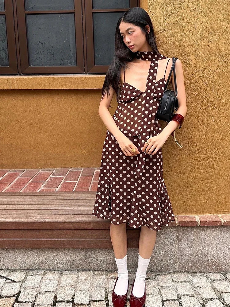 Nibber polka dot print 3 peças conjunto feminino cachecol + camisola com decote em v topos + saias lazer high street confortável doce elegante ternos