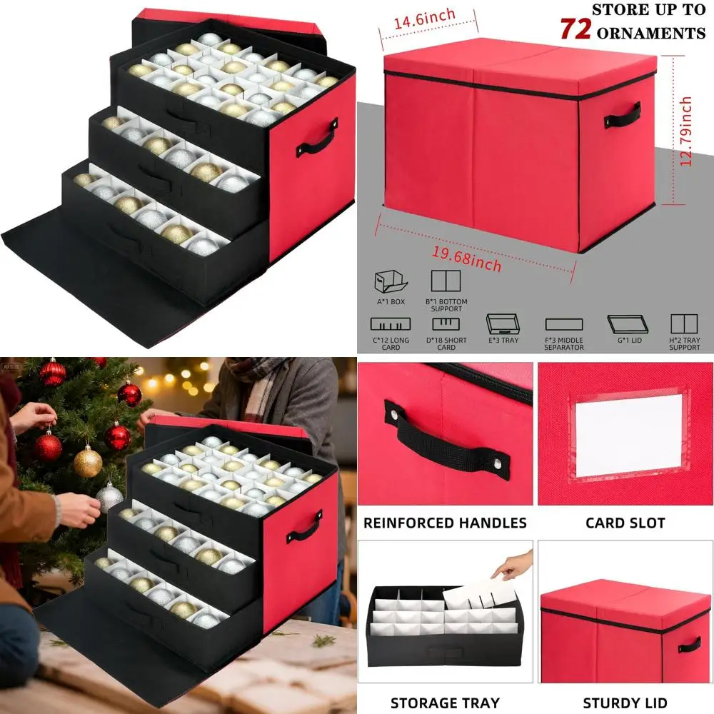 

Adjustable-Divider Christmas Ornament Box, Large Storage Bin with Lid for Holiday Decorations (72-3 Balls, Red, Removable Tray)