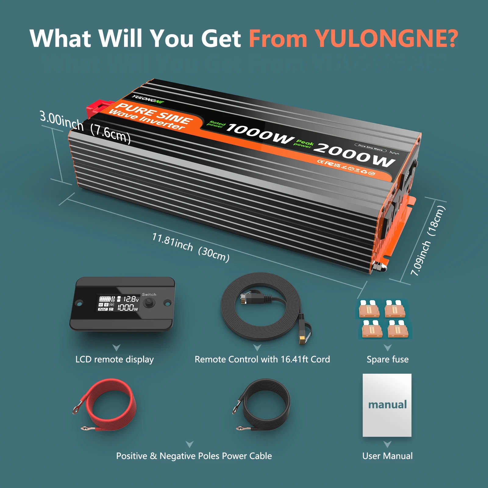 YULONGNE 1000W Pure Sine Wave Inverter DC 12V to AC 110V Power Inverter, Peak 2000W Car Inverter with LCD Display, Remote Control, 2 US AC Outlets, USB‑C USB Ports for RV Solar Off‑Grid Truck Camping Home Emergency Power