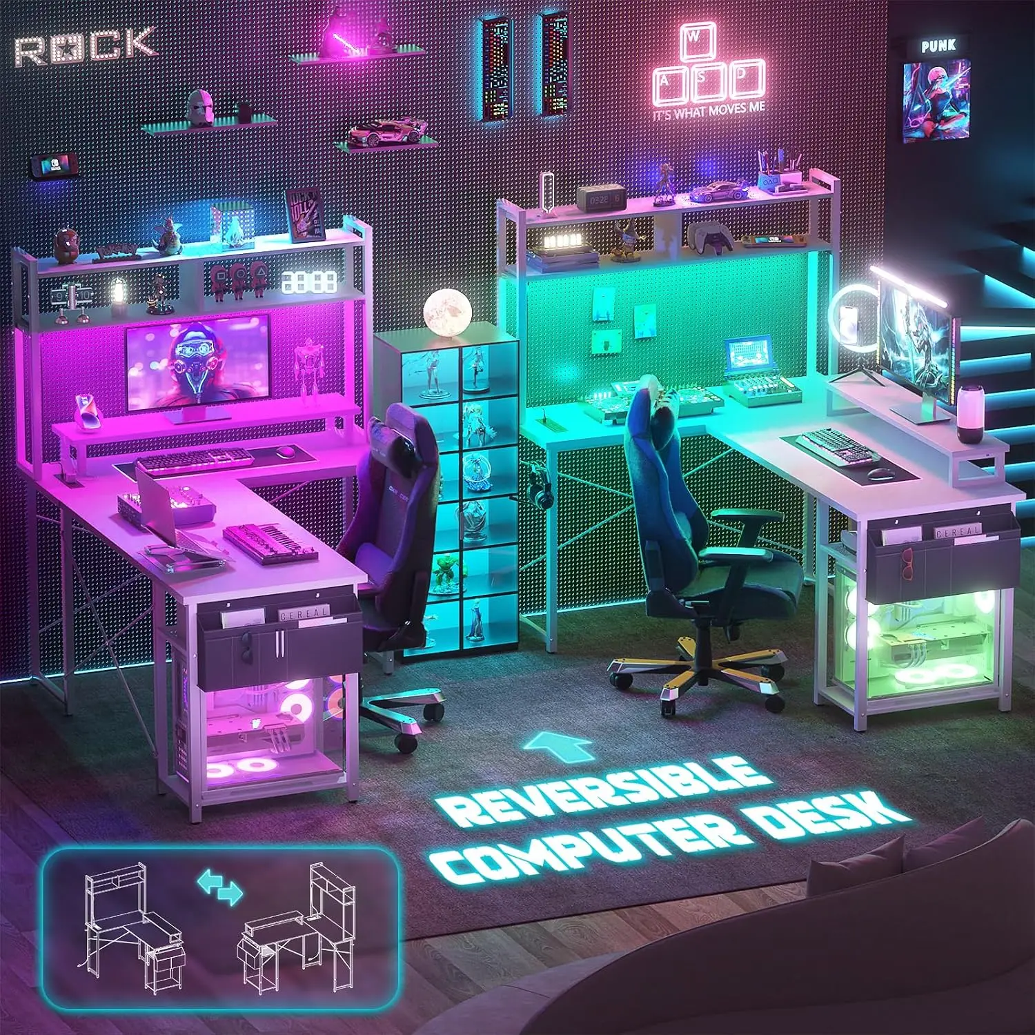 Small L Shaped Desk Gaming Desk with LED Lights & Power Outlets | Reversible L-Shaped Computer Desk with Monitor Stand & Shelf, - view 6