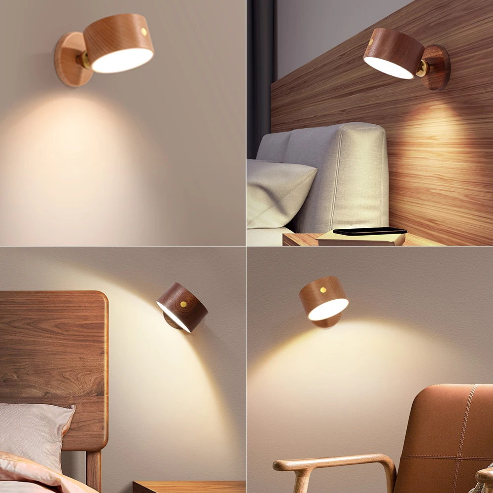 Lampe de chevet magnétique en bois massif, chargement USB, pas de poinçonnage, pas de câblage, détection du corps, applique murale LED