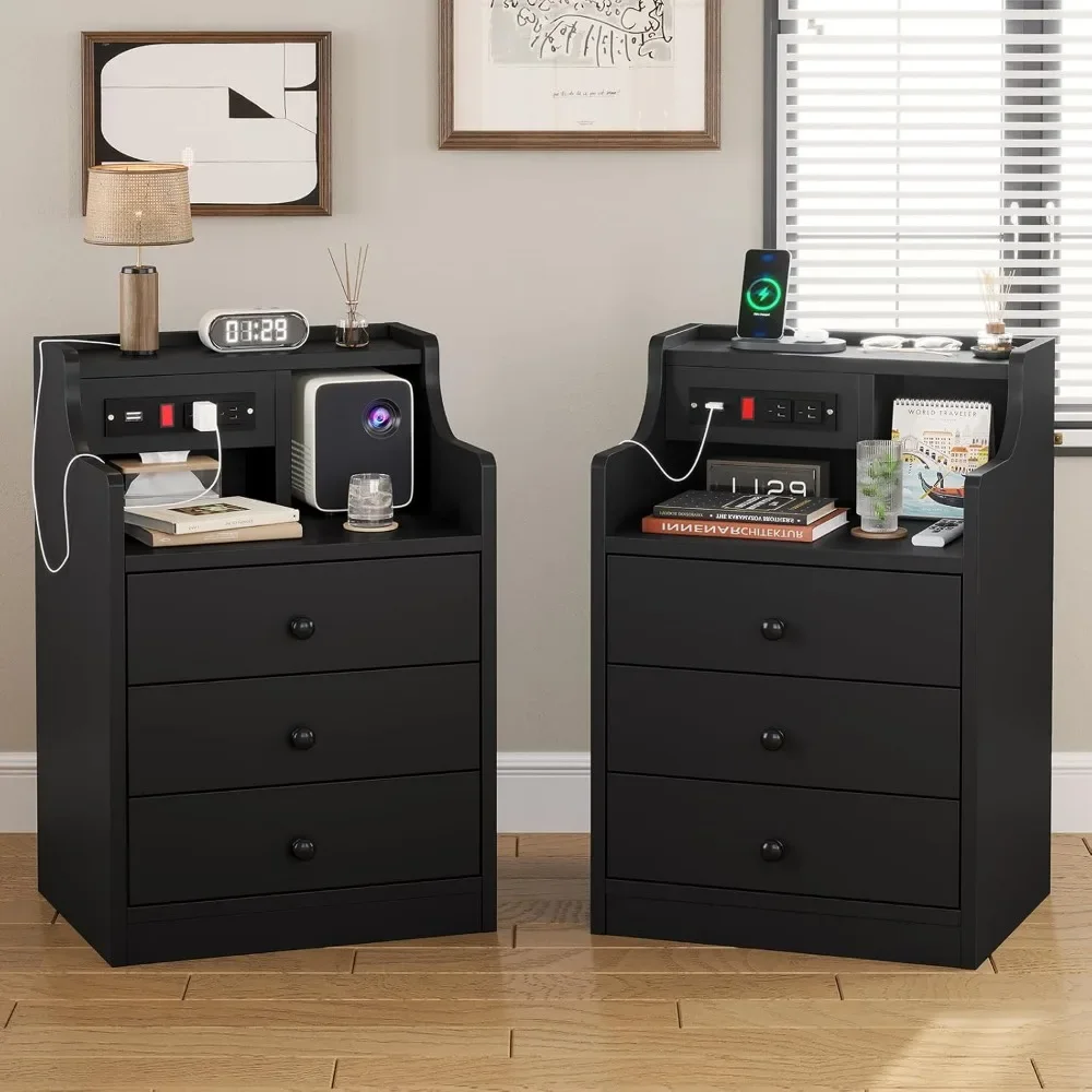 

Night Stand Set 2,Black Nightstand with Charging Station & Hutch,Night Stands for Bedrooms Set of 2,Bedside Table with Drawers