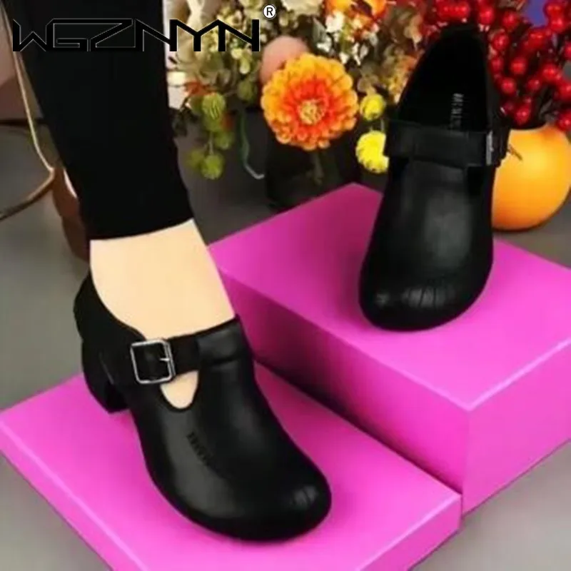 Women Loafers 2023 Women Loafers Spring Summer Genuine PU Leather Comfort Mid Heel Retro Mother Shoes Slip-On Fashion Rome Shoes