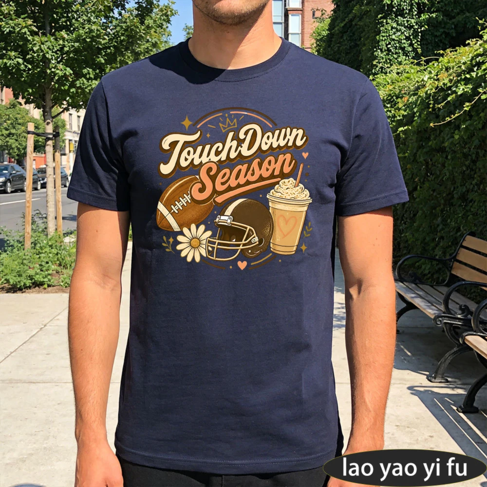 Touchdown Season Coffee Daisy Football Retro Graphic Men Summer Cotton T Shirt Fall Football Lover Short Sleeve Daily Top