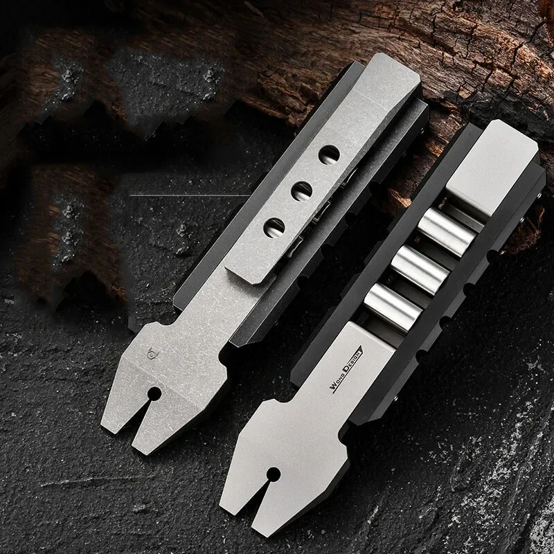 FEGVE Titanium Alloy EDC Pry Bar, Portable Outdoor Multi Tool with Fidget Roller & Titanium Clip, Non-Slip Handle Mini Crowbar