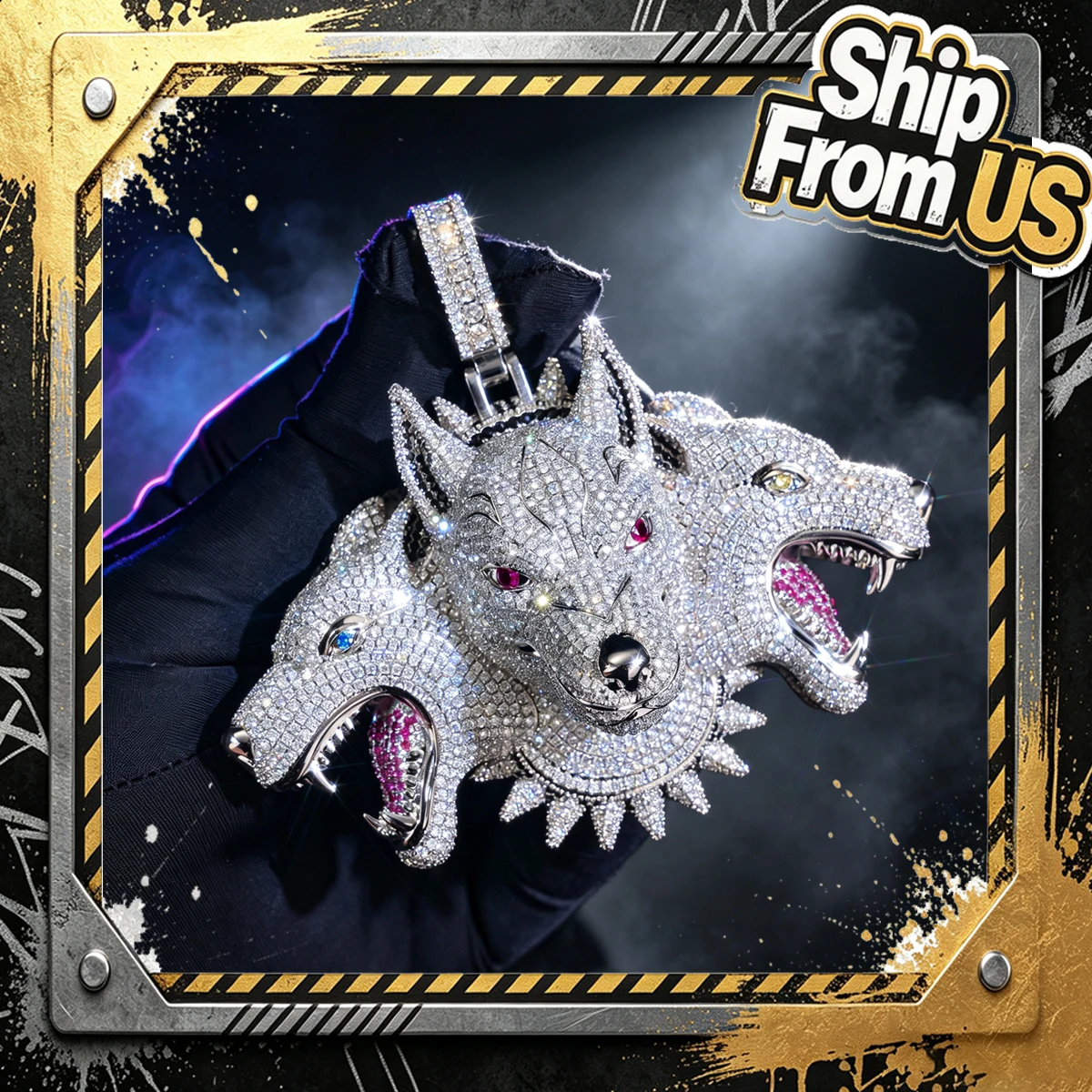 Iced Out Cerberus Three-Headed Dog Pendant 18K Gold Plated Hip Hop Charm Micro Pave Cubic Zirconia Bling Fine Jewelry Gift For Men Rapper Mythology Inspired Necklace Colorful Gem Eyes Trendy Rap Street Accessory For Hip Hop Fans For Party Club Daily Wear