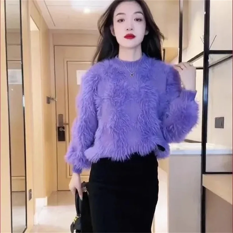 ربيع الخريف السيدات بلون البلوز Lmitation المنك الكورية الإناث طويلة الأكمام محبوك القمم المرأة الجولة الرقبة الحياكة معطف #6