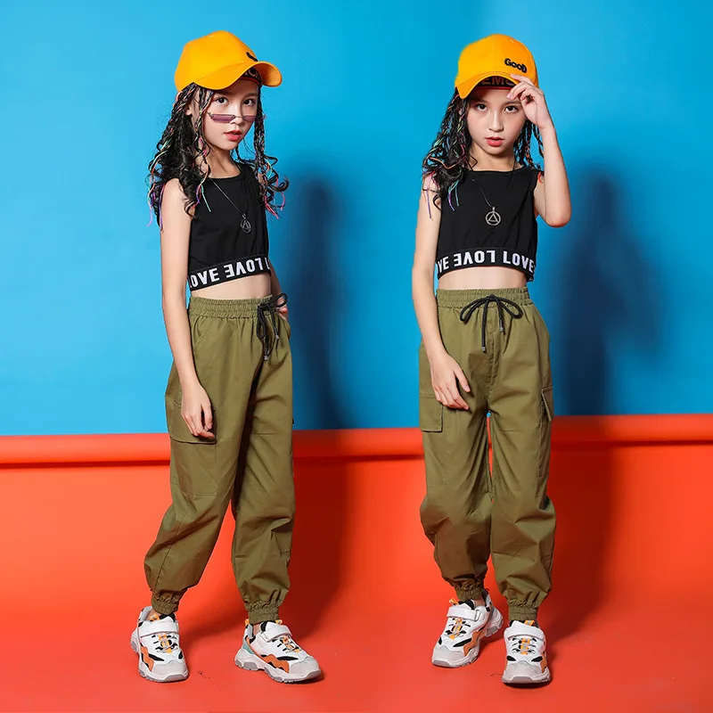 LOLANTA 4-16 Years Kids Girls Hip Hop Street Dance Clothes Crop Top Black Vest Jogger Pants Costume Jazz Performance Wear