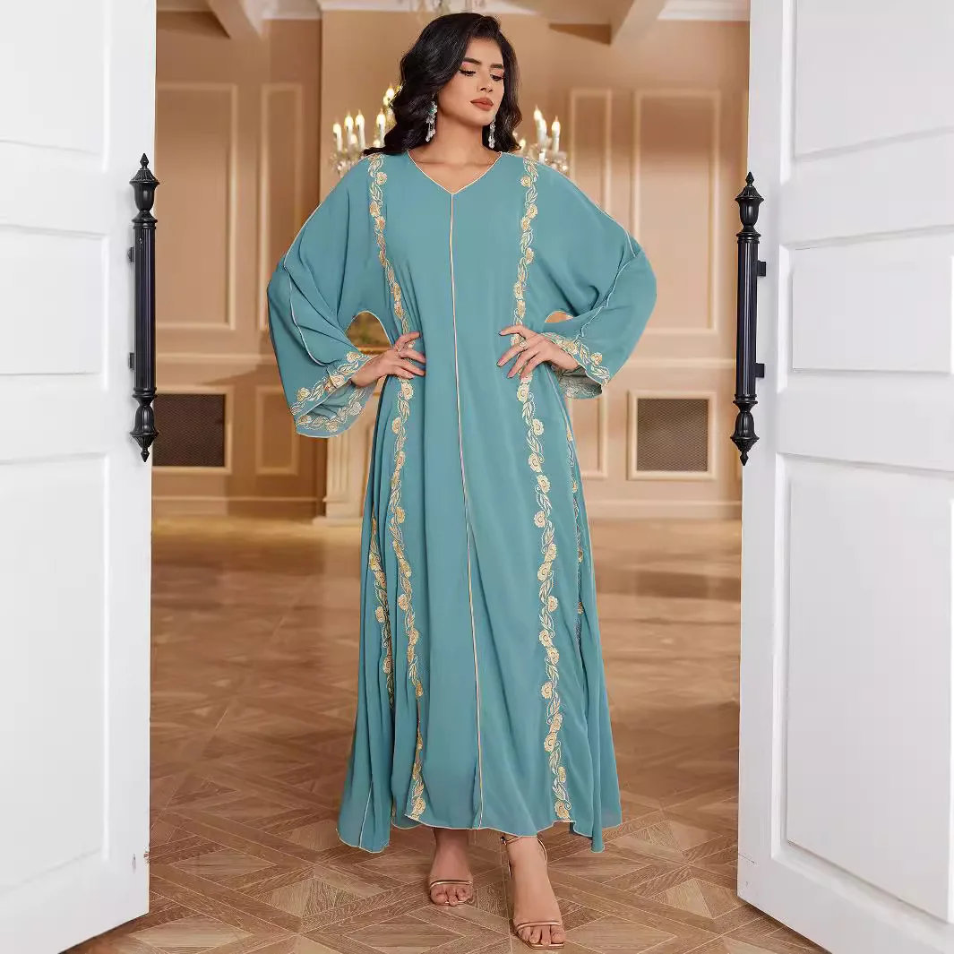 

Middle East Muslim fashion embroidery solid color elegant loose dress simple temperament elegant vacation style high-end banquet