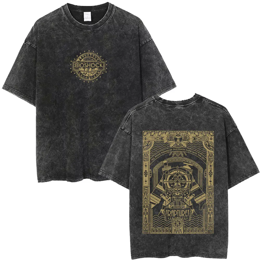 

Classic Shooting Game Bioshock Vintage Washed T-shirt Men Women Hip Hop Oversized T Shirt Men's Gothic Rock T-shirts Streetwear