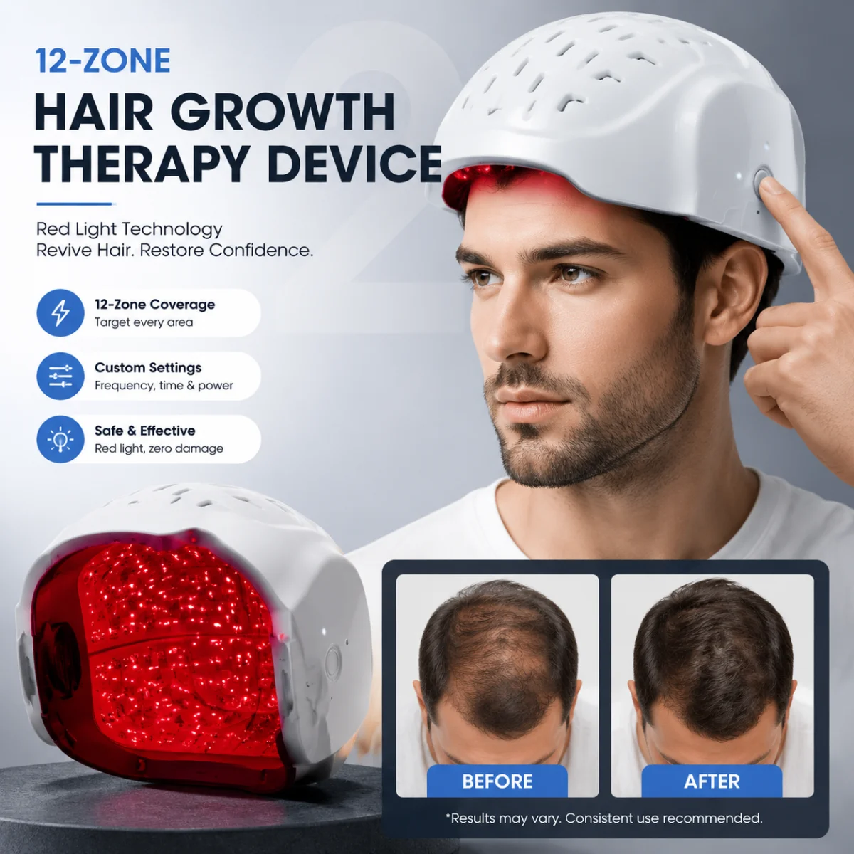 COZING C300 Laser Cap for Hair Growth with Selectable Zones 650/660nm Red Light Therapy Type-C Fast Charge, Portable Home Device