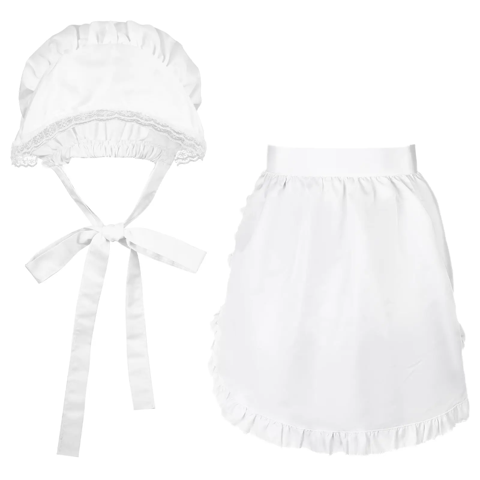 2pcs White Mob Cap Half Apron Halloween Colonial Costume Set Women Pilgrim Costume Accessories for Maid Girl Cosplay