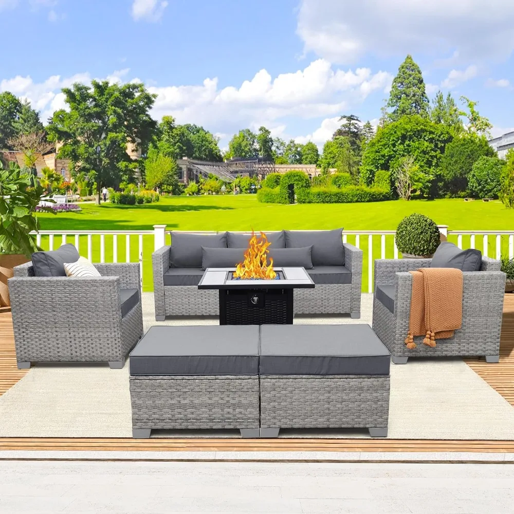 

6-piece outdoor terrace set, PE rattan sofa with fire pit table, gray cushion