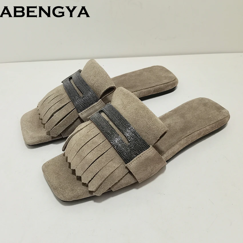 

Hot Suede Leather Flat Slippers Women Fringe String Bead Decor Slides Holiday Beach Shoes Women Summer Square Toe Slippers Woman