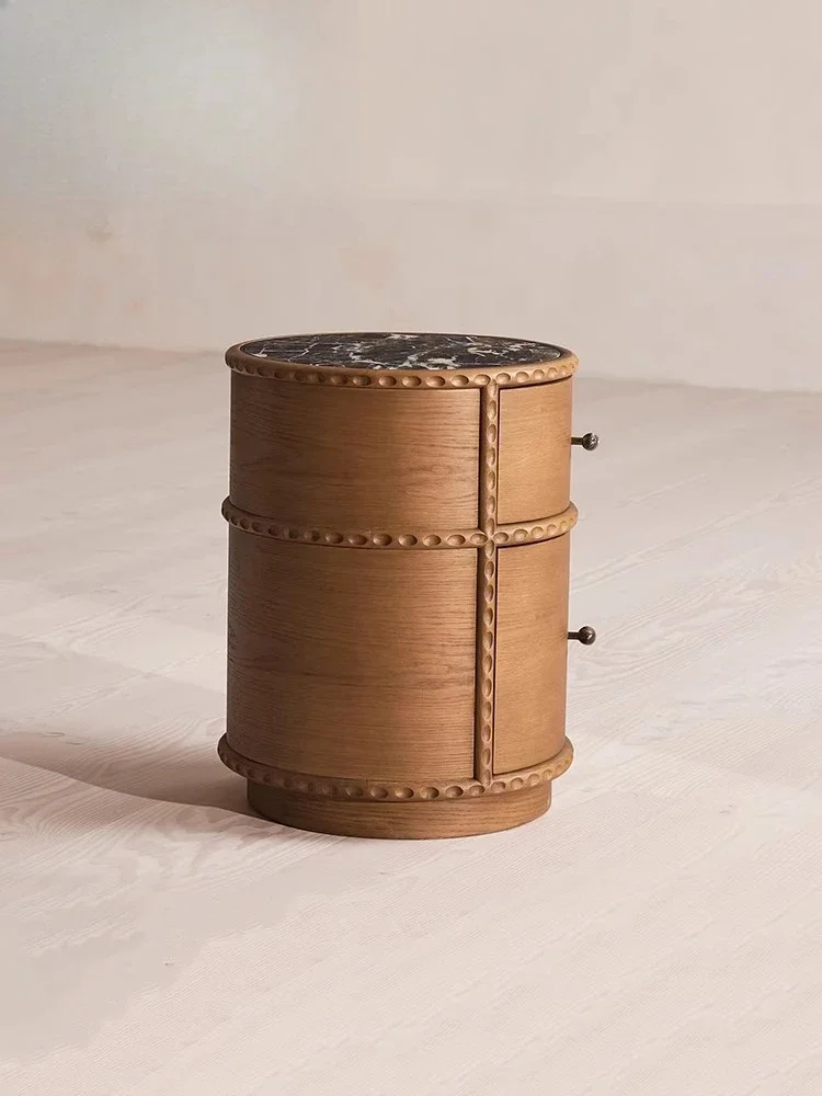 Retro round bedside table, solid wood small marble bedside locker, medieval niche design sense