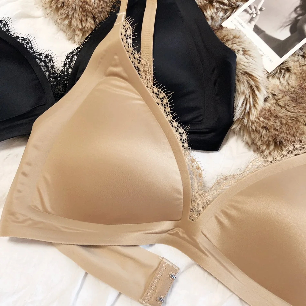 Französisch Sexy Nahtlose Dessous Frauen Seide Satin Spitze Bh Tiefe V Dreieckige Tasse Push-Up Bhs Verstellbaren Riemen Komfort Unterwäsche – Detail 16