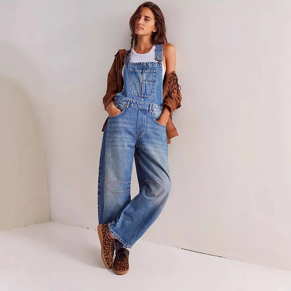 

Women's 2026 Spring Vintage Washed Denim Overalls Loose Straight Leg Workwear Jumpsuit Casual Street Style Baggy Dungarees