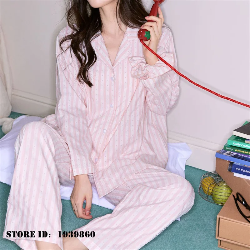 Pink Stripe Long Sleeve Trouser Pajamas Set Autumn New Cotton Sleepwear Pijamas Suit Loose Sweet Cute Women's Night Clothes Pjs